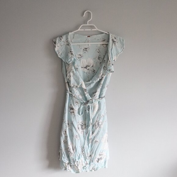 Free People Womens Blue Sz L French Quarter Mini Floral Wrap Sleeveless Dress - Picture 2 of 15